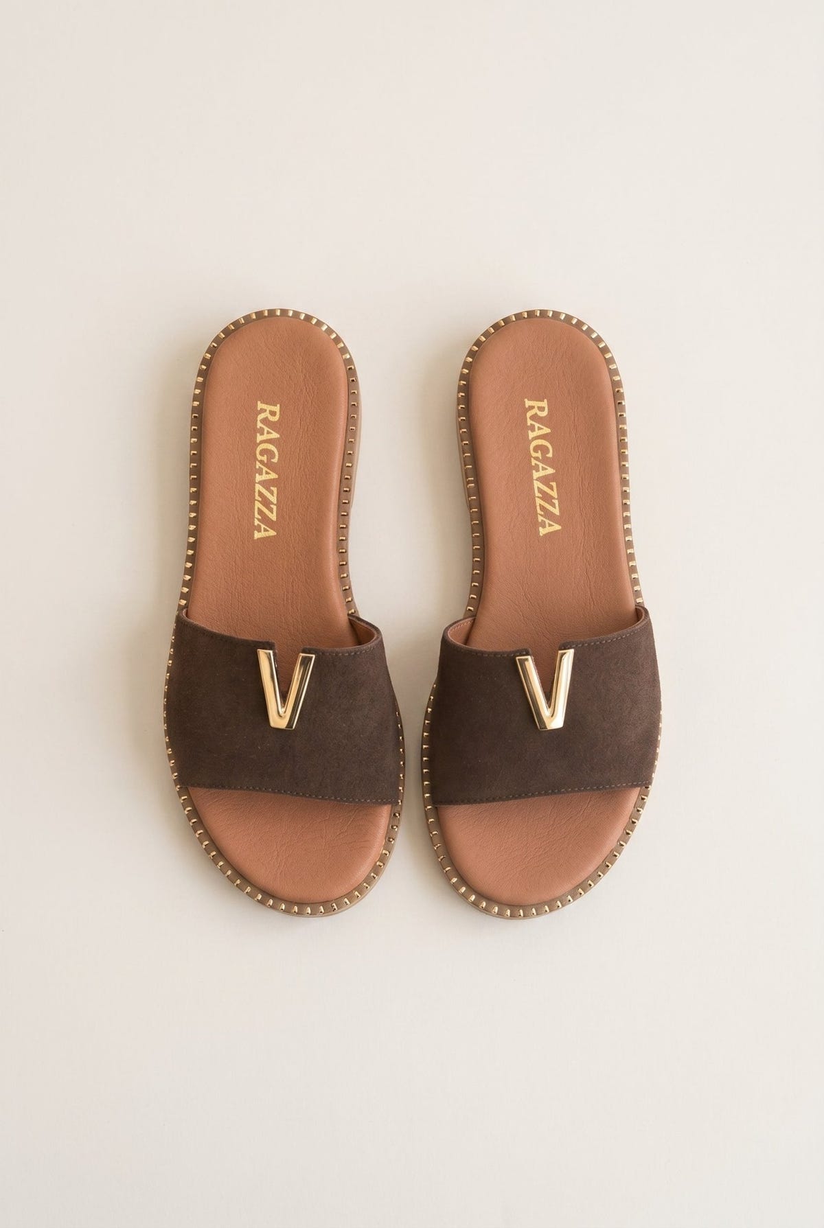 RAGAZZA - Sandals Wide Cut Out Strap - Brown Suede