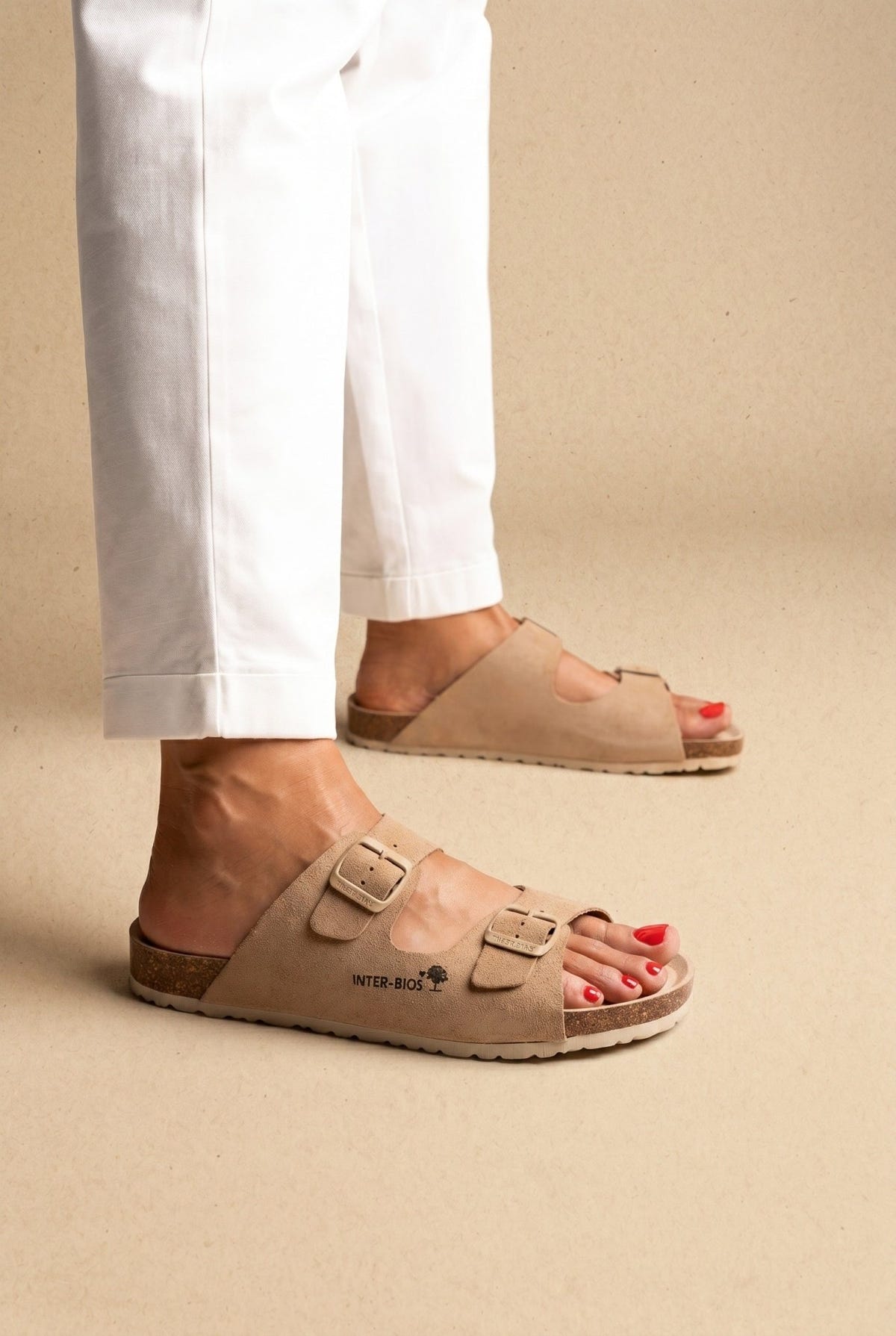 Inter - Bios - Sandals Wide Strap Buckle - Beige Suede