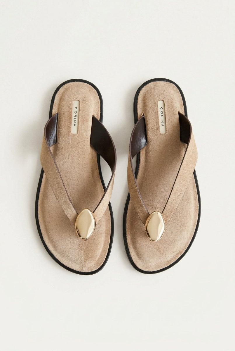 CORINA - Sandals with Metallic Detail - Camel Suede