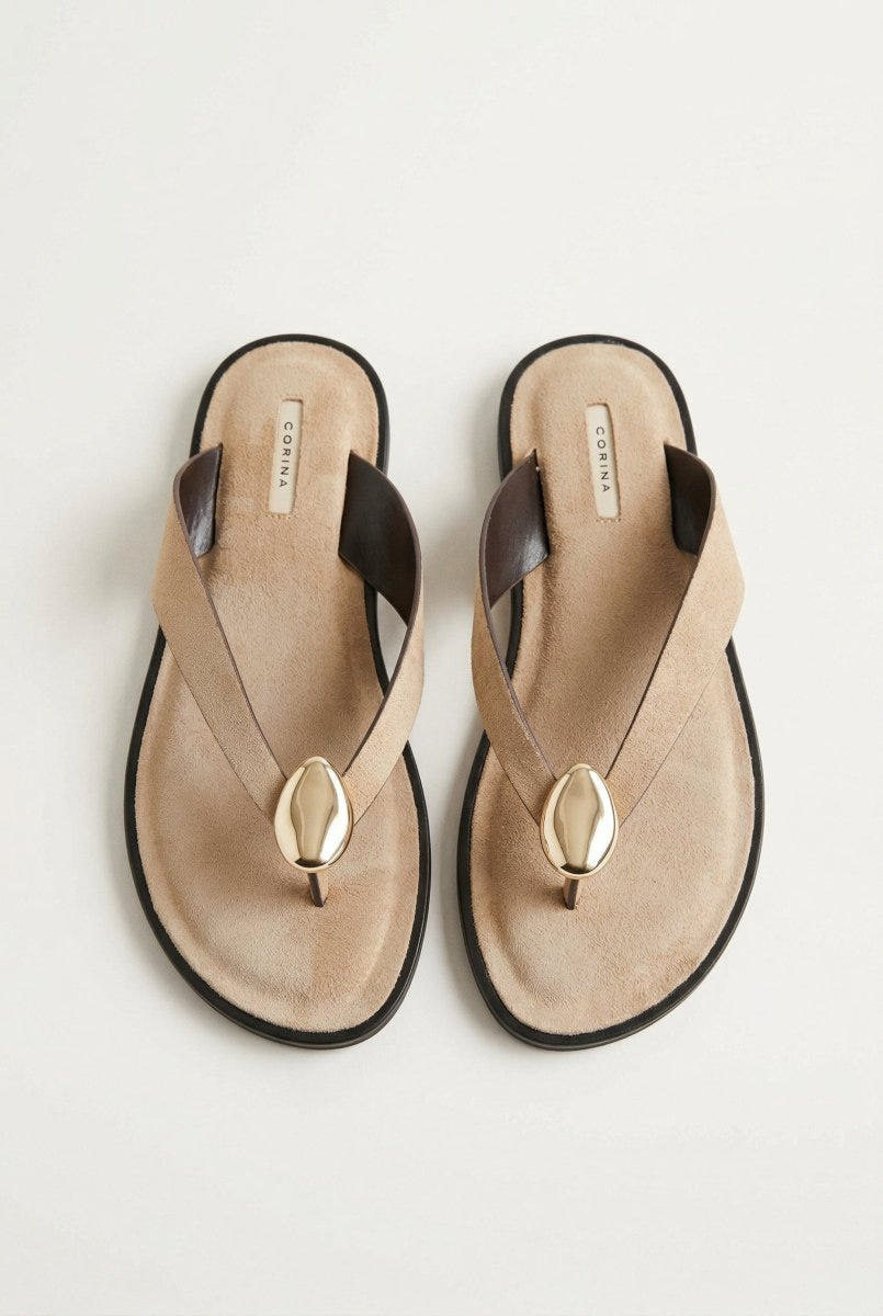 CORINA - Sandals with Metallic Detail - Camel Suede