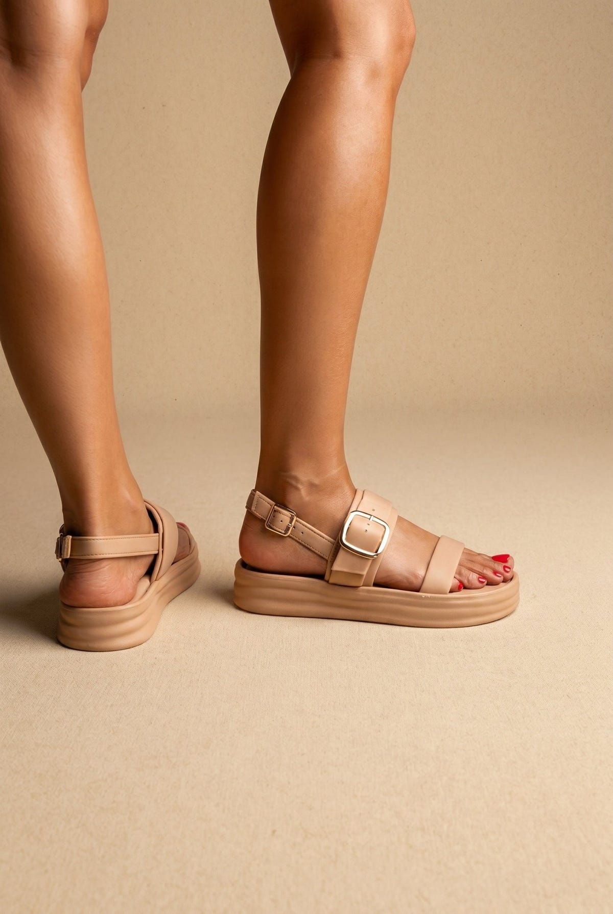 ERYNN - Satin Flatform Sandals Buckle - Beige Satin