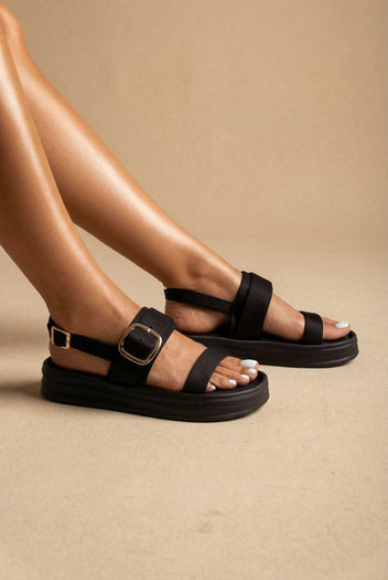 ERYNN - Satin Flatform Sandals Buckle - Black Satin