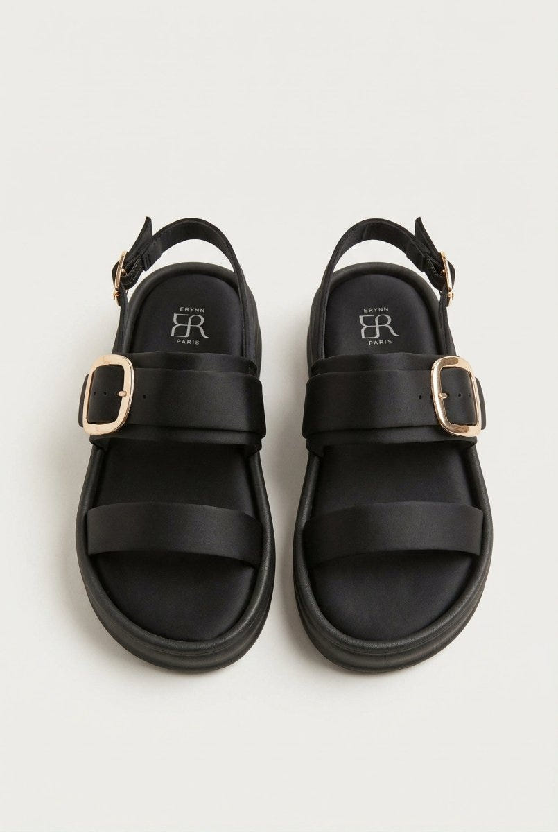 ERYNN - Satin Flatform Sandals Buckle - Black Satin