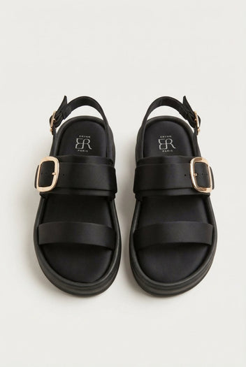 ERYNN - Satin Flatform Sandals Buckle - Black Satin