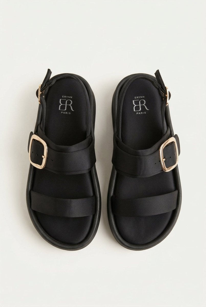 ERYNN - Satin Flatform Sandals Buckle - Black Satin