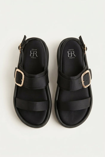 ERYNN - Satin Flatform Sandals Buckle - Black Satin