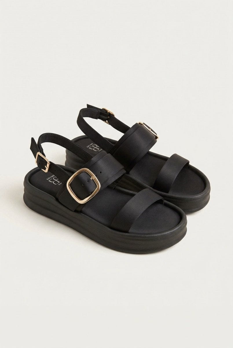 ERYNN - Satin Flatform Sandals Buckle - Black Satin
