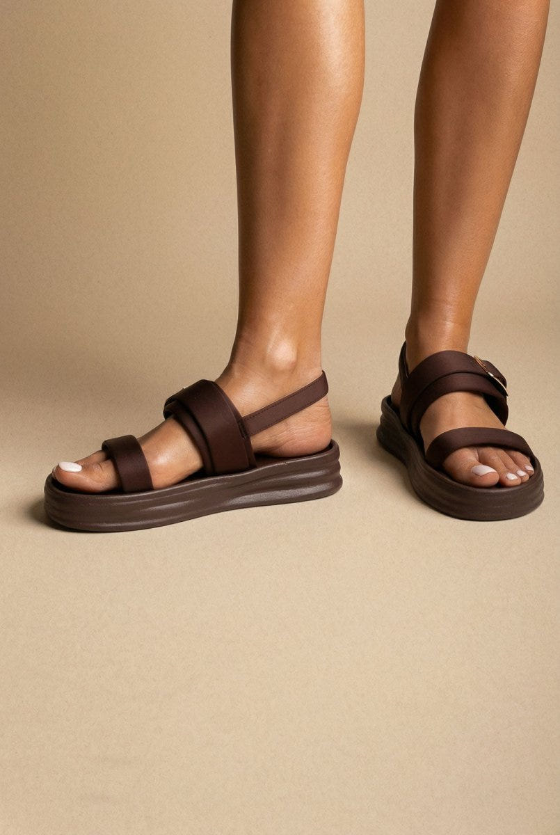 ERYNN - Satin Flatform Sandals Buckle - Brown Satin