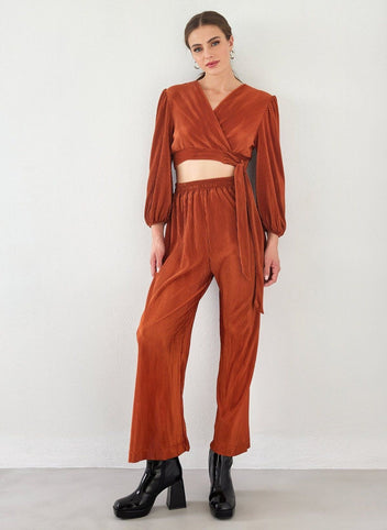 Σετ ρούχων γκοφρέ με κρουαζέ τοπ - Κεραμιδί - thefashionproject.gr - The Fashion Project
