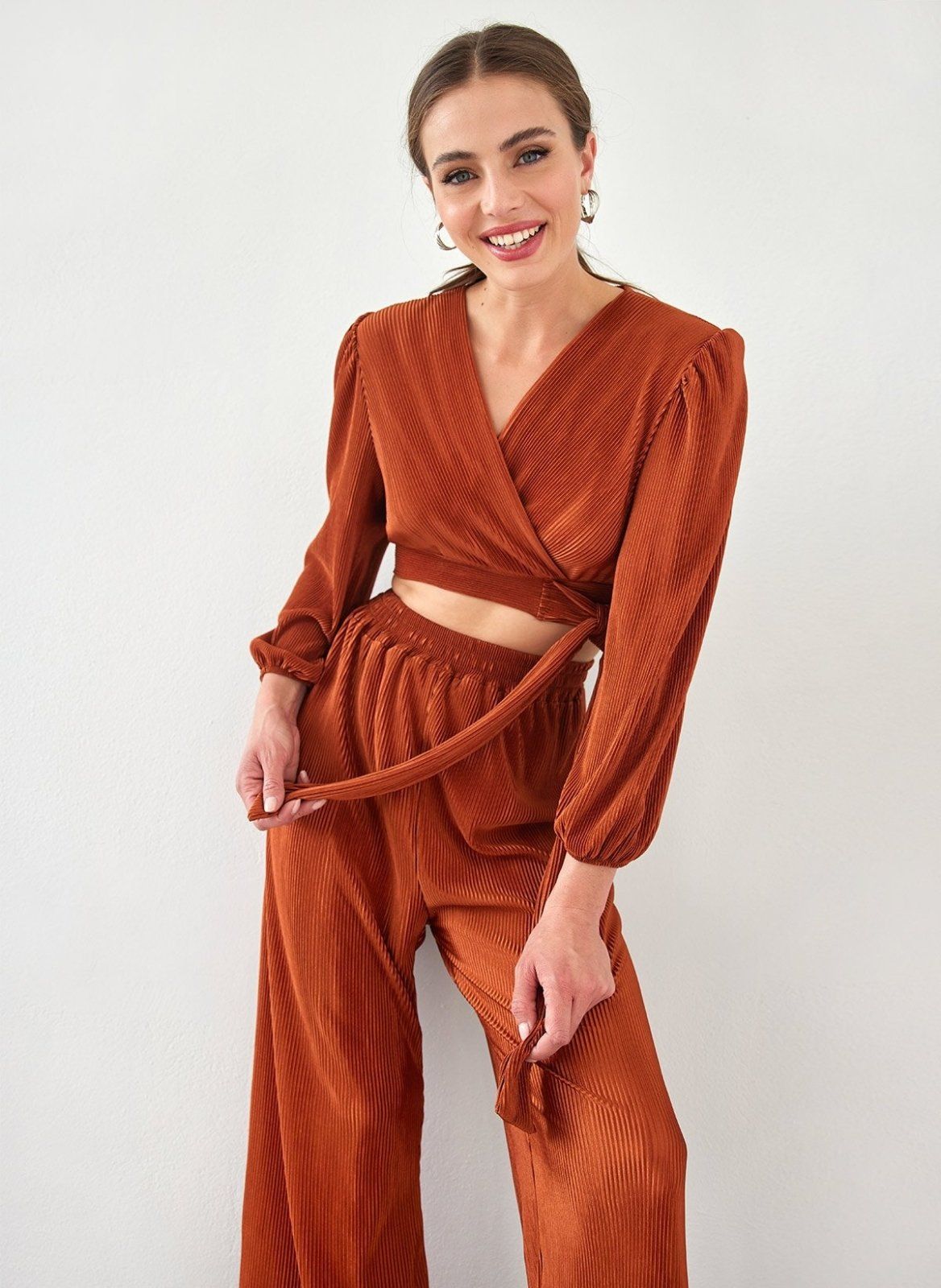 Σετ ρούχων γκοφρέ με κρουαζέ τοπ - Κεραμιδί - thefashionproject.gr - The Fashion Project
