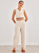 Σετ ρούχων λινό με boho γιλέκο - Μπεζ - thefashionproject.gr - BISOU
