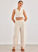 Σετ ρούχων λινό με boho γιλέκο - Μπεζ - thefashionproject.gr - BISOU