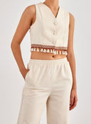 Σετ ρούχων λινό με boho γιλέκο - Μπεζ - thefashionproject.gr - BISOU
