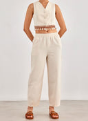 Σετ ρούχων λινό με boho γιλέκο - Μπεζ - thefashionproject.gr - BISOU