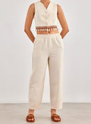 Σετ ρούχων λινό με boho γιλέκο - Μπεζ - thefashionproject.gr - BISOU