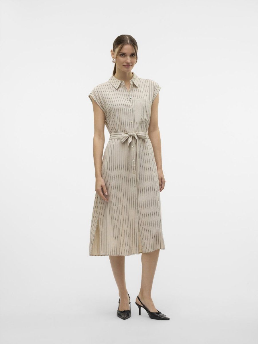 Shirt dress ριγέ αμάνικο με λινό Vero Moda 10282532 - Μπεζ/Μαύρο - thefashionproject.gr - VERO MODA