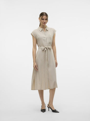 Shirt dress ριγέ αμάνικο με λινό Vero Moda 10282532 - Μπεζ/Μαύρο - thefashionproject.gr - VERO MODA