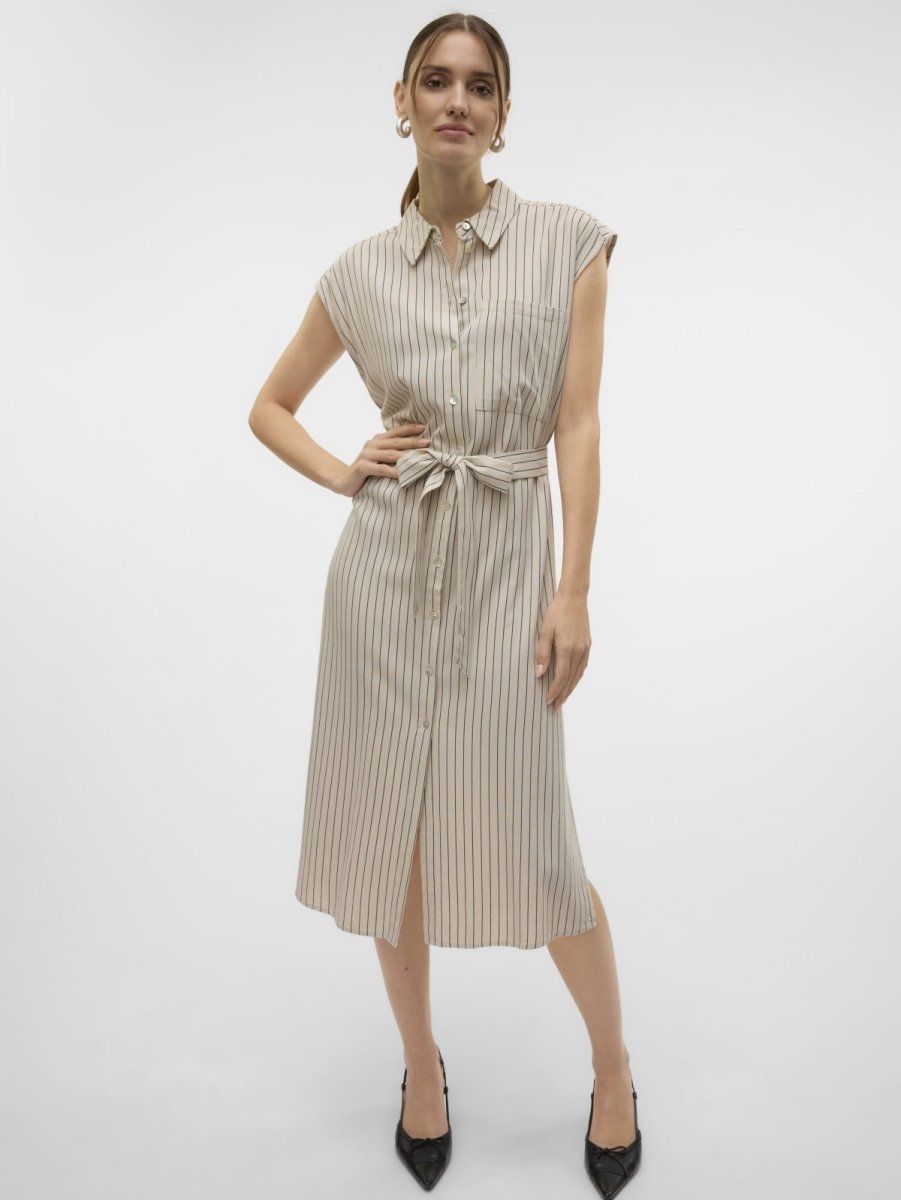Shirt dress ριγέ αμάνικο με λινό Vero Moda 10282532 - Μπεζ/Μαύρο - thefashionproject.gr - VERO MODA