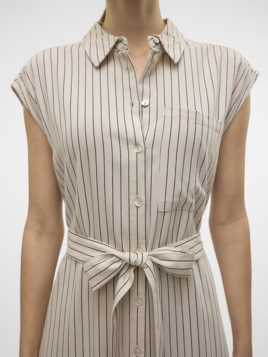 Shirt dress ριγέ αμάνικο με λινό Vero Moda 10282532 - Μπεζ/Μαύρο - thefashionproject.gr - VERO MODA