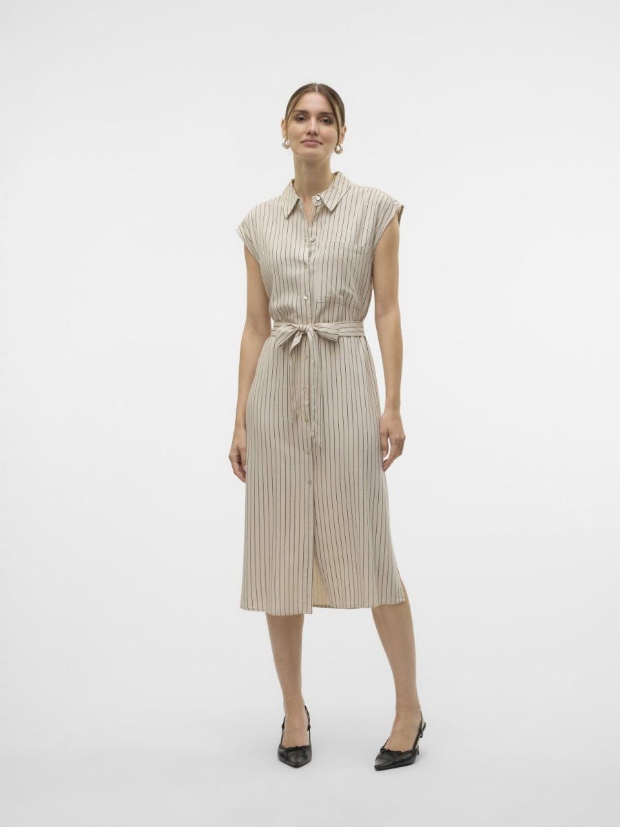 Shirt dress ριγέ αμάνικο με λινό Vero Moda 10282532 - Μπεζ/Μαύρο - thefashionproject.gr - VERO MODA