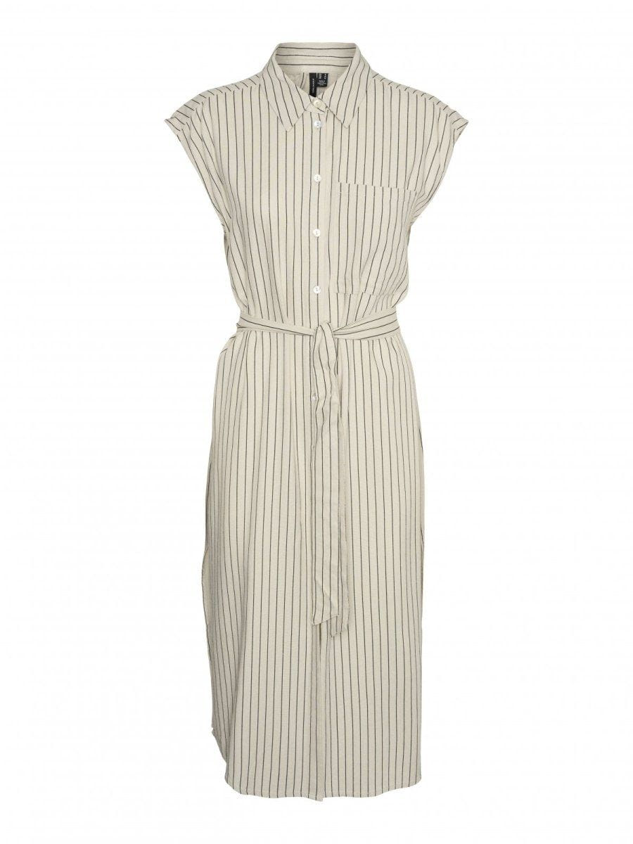 Shirt dress ριγέ αμάνικο με λινό Vero Moda 10282532 - Μπεζ/Μαύρο - thefashionproject.gr - VERO MODA