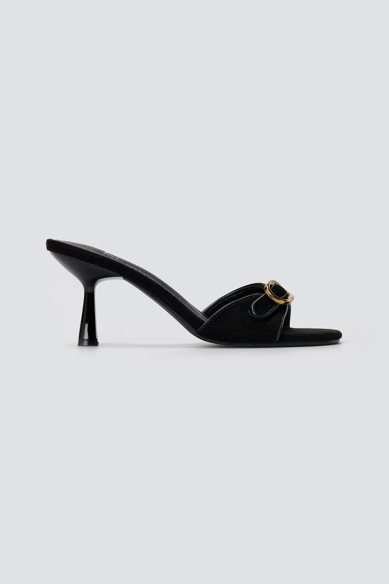 Stephan - Slim Heel Mules Buckle Strap - Black Suede