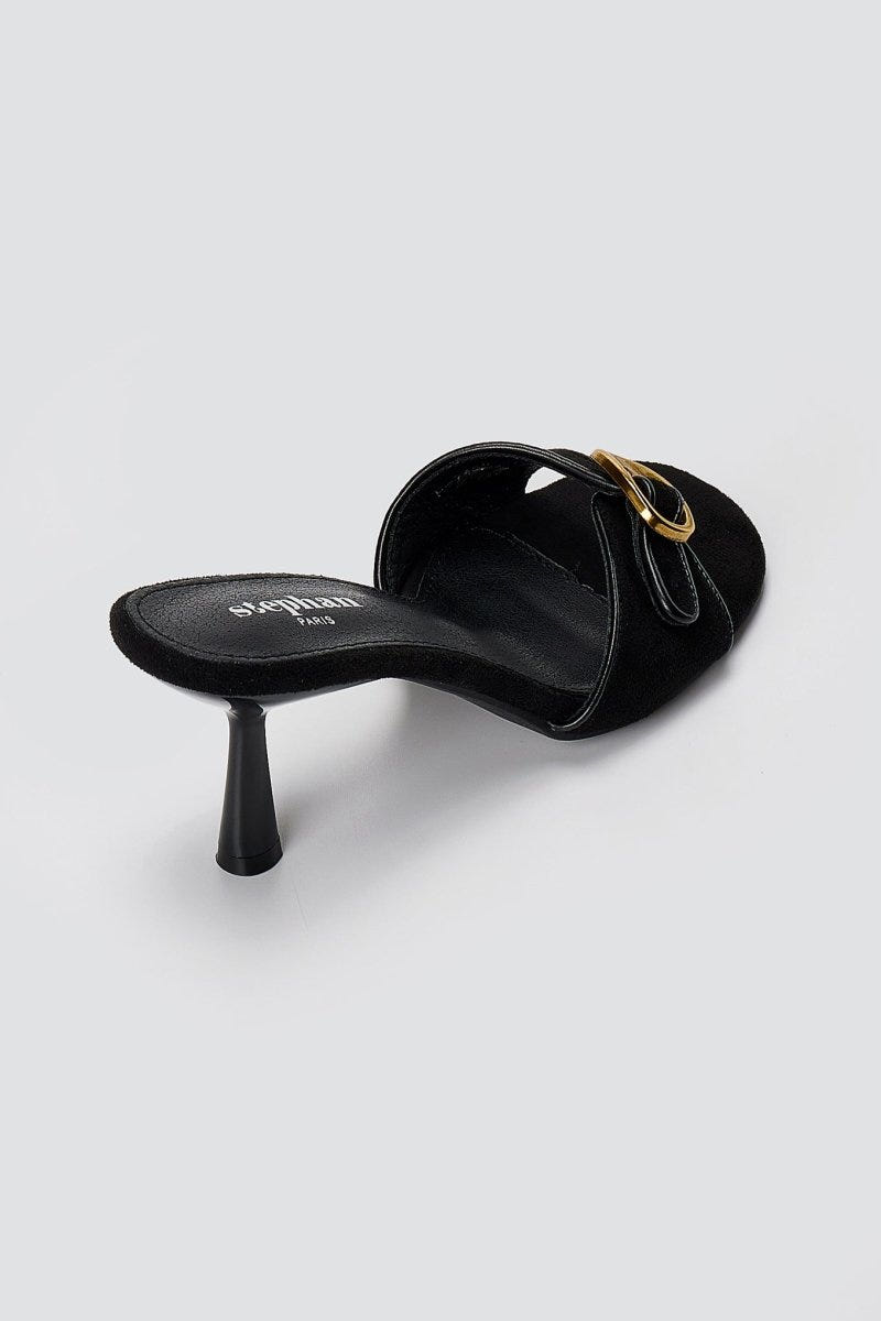 Stephan - Slim Heel Mules Buckle Strap - Black Suede