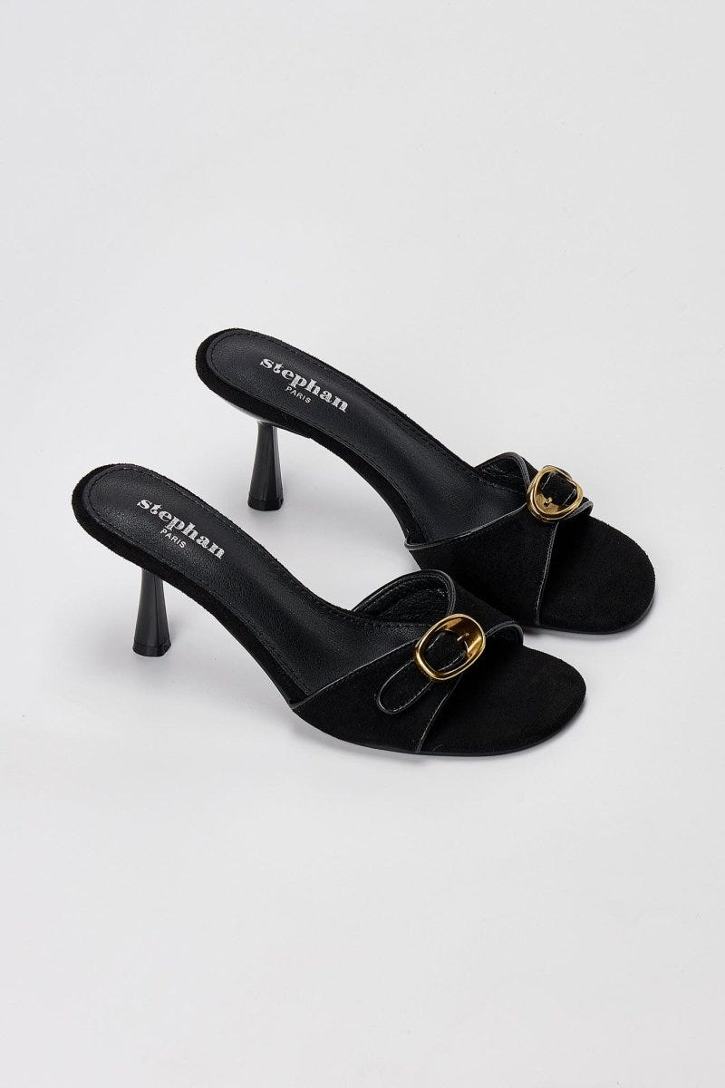 Stephan - Slim Heel Mules Buckle Strap - Black Suede