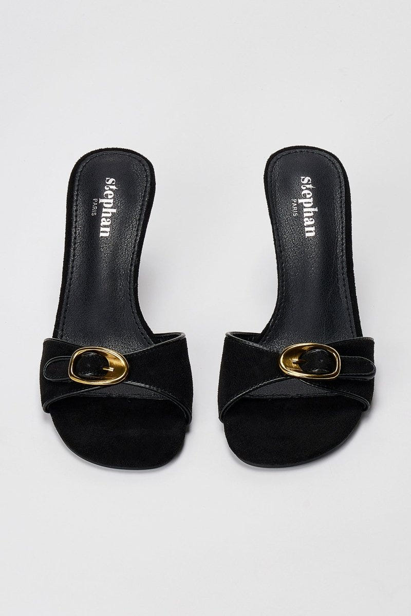 Stephan - Slim Heel Mules Buckle Strap - Black Suede