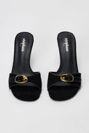 Stephan - Slim Heel Mules Buckle Strap - Black Suede