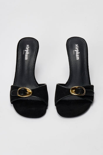Stephan - Slim Heel Mules Buckle Strap - Black Suede