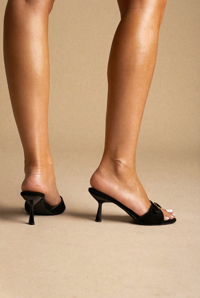Stephan - Slim Heel Mules Buckle Strap - Black Suede