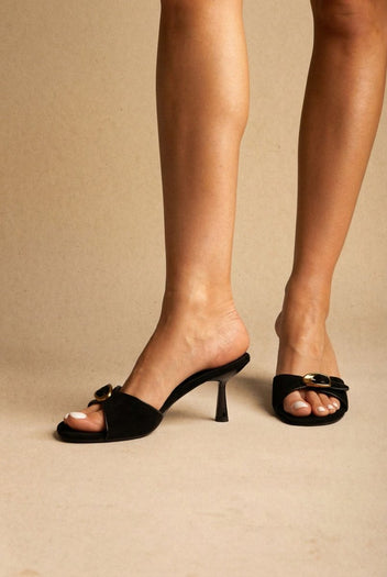 Stephan - Slim Heel Mules Buckle Strap - Black Suede