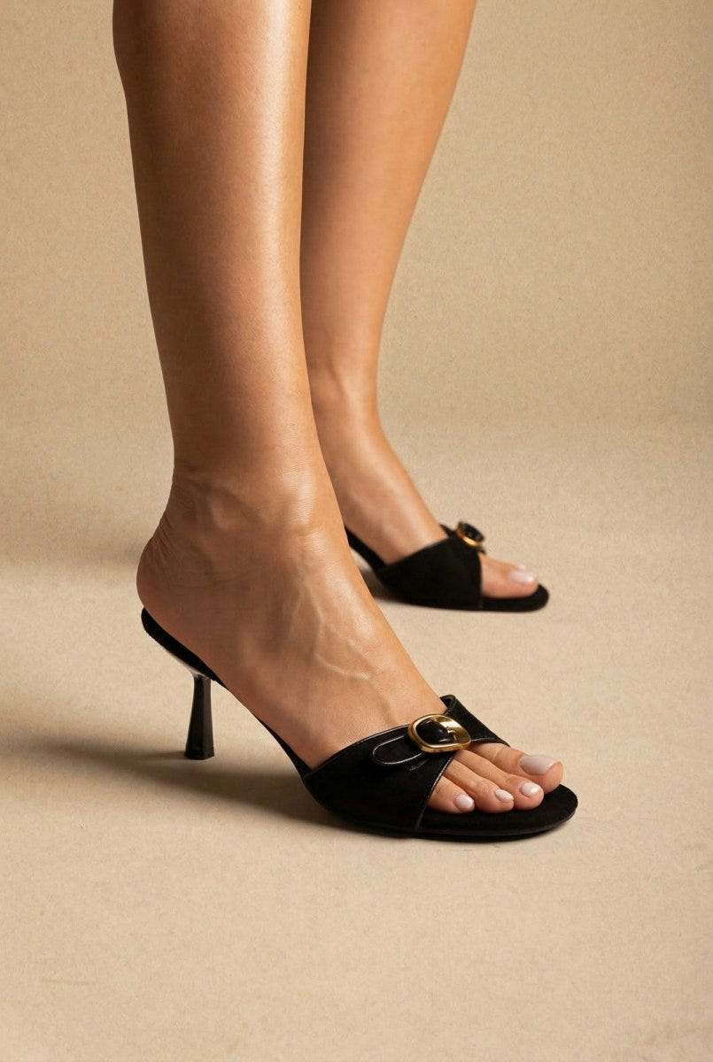 Stephan - Slim Heel Mules Buckle Strap - Black Suede