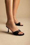 Stephan - Slim Heel Mules Buckle Strap - Black Suede