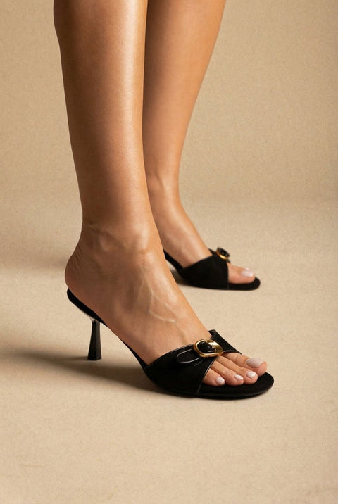 Slim Heel Mules Buckle Strap - Black Suede