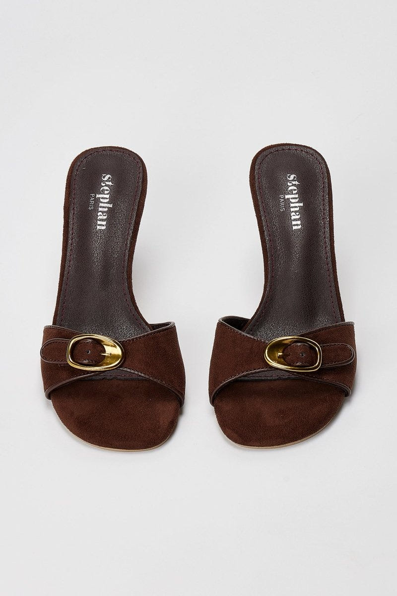 Stephan - Slim Heel Mules Buckle Strap - Brown Suede