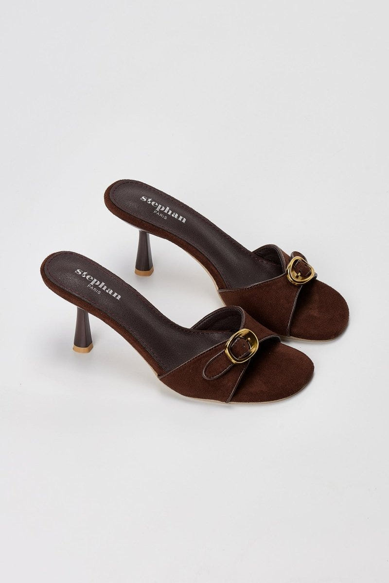 Stephan - Slim Heel Mules Buckle Strap - Brown Suede