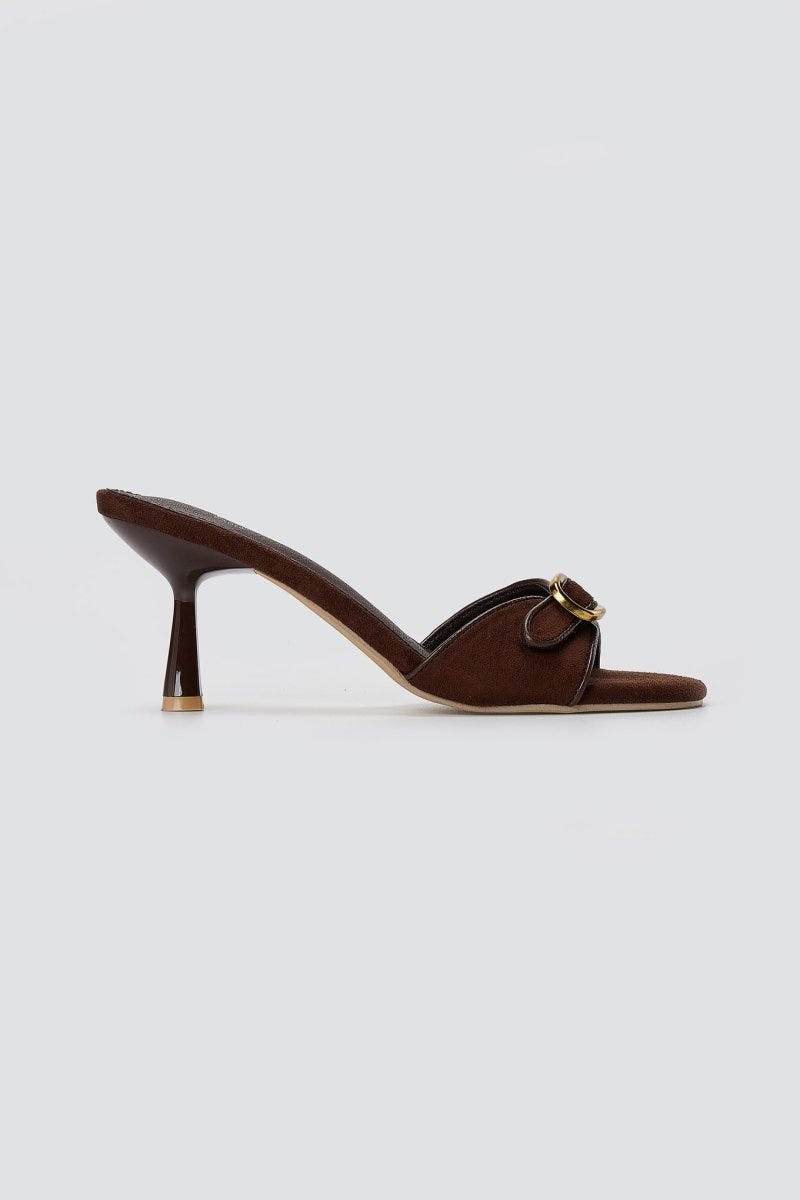 Stephan - Slim Heel Mules Buckle Strap - Brown Suede