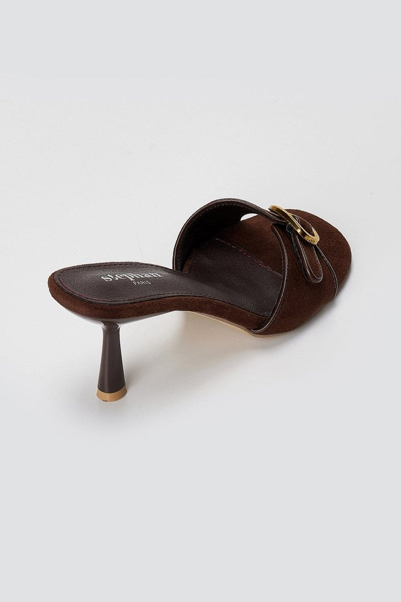 Stephan - Slim Heel Mules Buckle Strap - Brown Suede