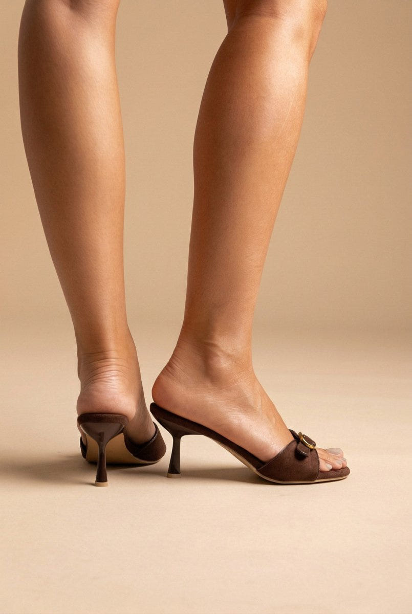 Stephan - Slim Heel Mules Buckle Strap - Brown Suede
