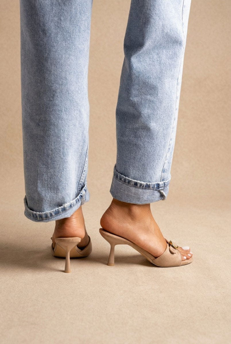 Stephan - Slim Heel Mules Buckle Strap - Taupe Suede