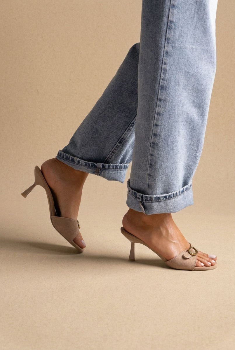 Stephan - Slim Heel Mules Buckle Strap - Taupe Suede