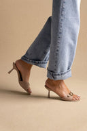 Stephan - Slim Heel Mules Buckle Strap - Taupe Suede