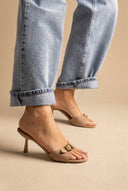 Stephan - Slim Heel Mules Buckle Strap - Taupe Suede