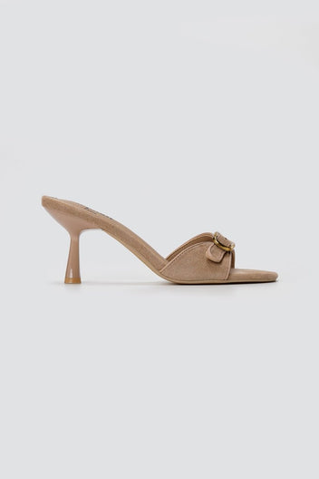 Stephan - Slim Heel Mules Buckle Strap - Taupe Suede