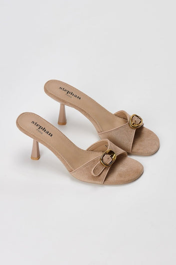 Stephan - Slim Heel Mules Buckle Strap - Taupe Suede