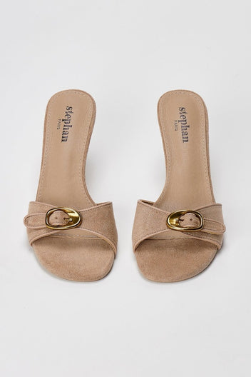 Stephan - Slim Heel Mules Buckle Strap - Taupe Suede