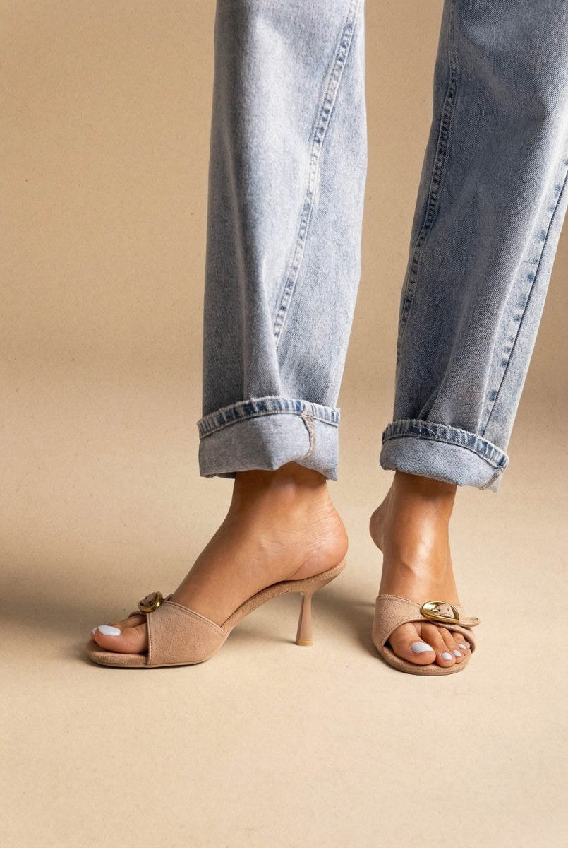 Stephan - Slim Heel Mules Buckle Strap - Taupe Suede
