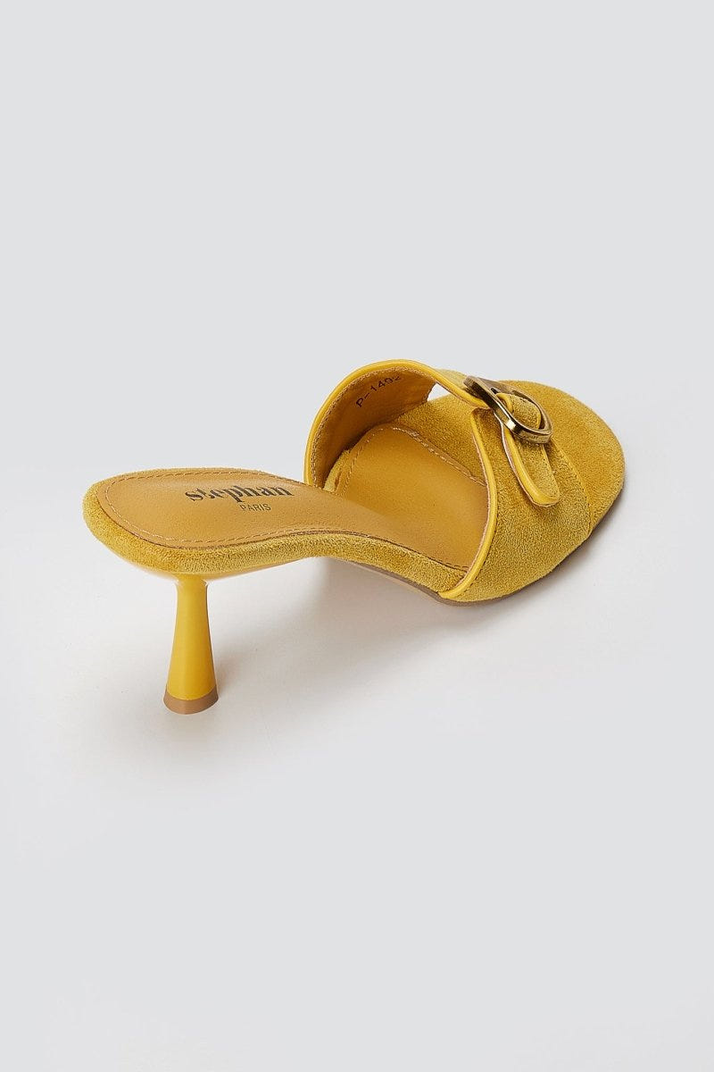 Stephan - Slim Heel Mules Buckle Strap - Yellow Suede